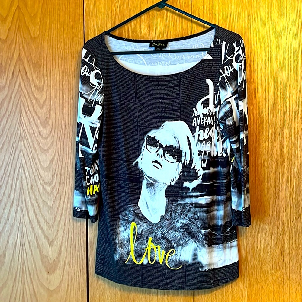Cartise RARE Love Happiness printed fun viscose tee shirt top tunic Canada Large